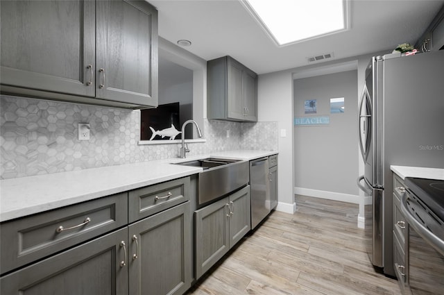 kitchen featuring light hardwood / wood-style flooring, backsplash, sink, and stainless steel appliances