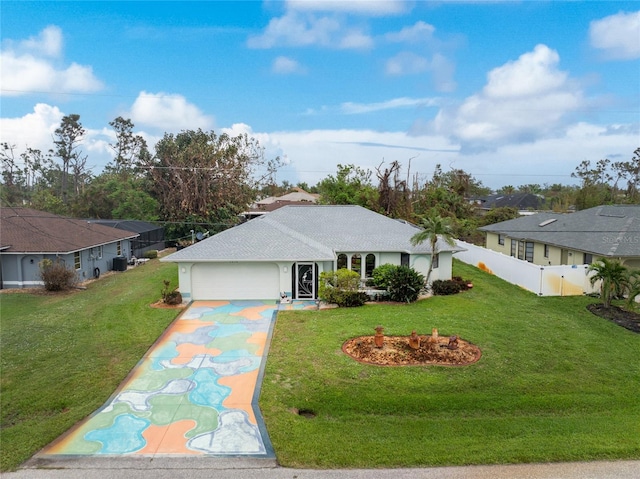 ranch-style home with a front lawn and a garage