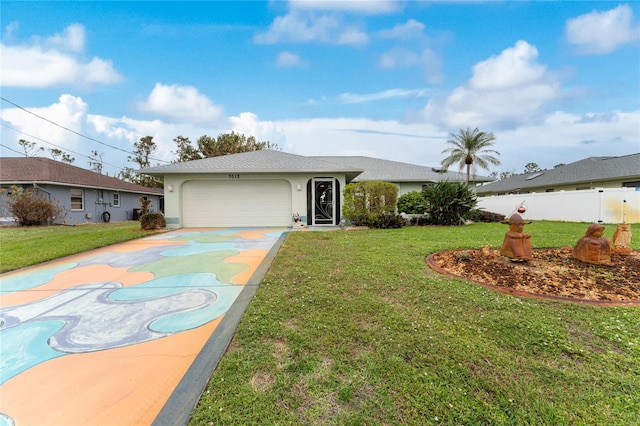 ranch-style home featuring a garage and a front lawn