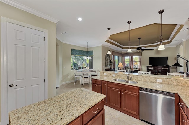 kitchen featuring sink, crown molding, stainless steel dishwasher, and a raised ceiling