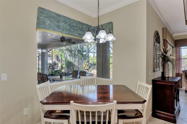 dining space featuring light tile patterned floors, ceiling fan with notable chandelier, plenty of natural light, and ornamental molding