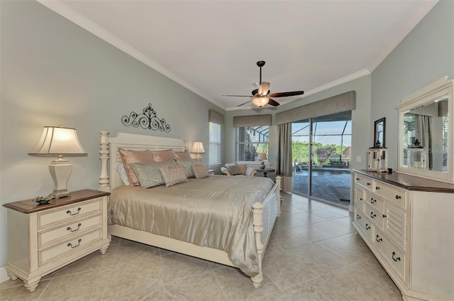 bedroom with access to exterior, crown molding, ceiling fan, and light tile patterned flooring