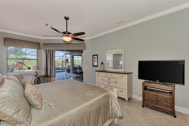 tiled bedroom with multiple windows, crown molding, access to exterior, and ceiling fan