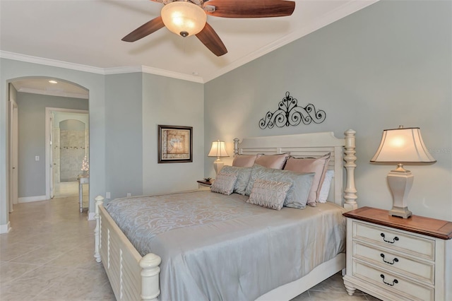 bedroom with ornamental molding, ceiling fan, and light tile patterned flooring