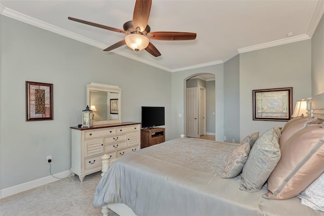 bedroom featuring ornamental molding, light tile patterned floors, and ceiling fan