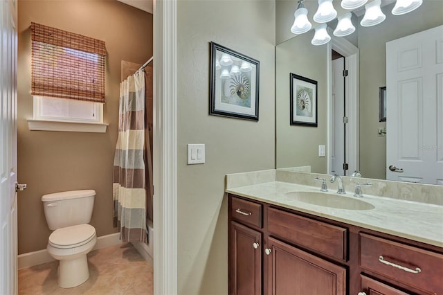 full bathroom featuring vanity, tile patterned floors, toilet, and shower / bathtub combination with curtain