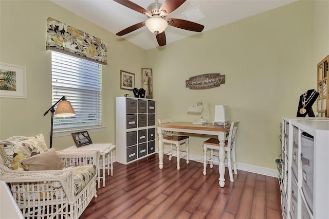 office space with dark hardwood / wood-style flooring and ceiling fan