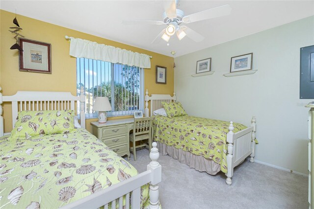 carpeted bedroom featuring ceiling fan