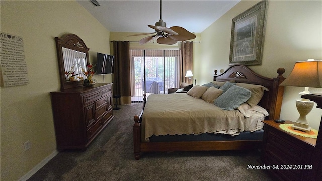 bedroom featuring access to outside, ceiling fan, vaulted ceiling, and dark carpet