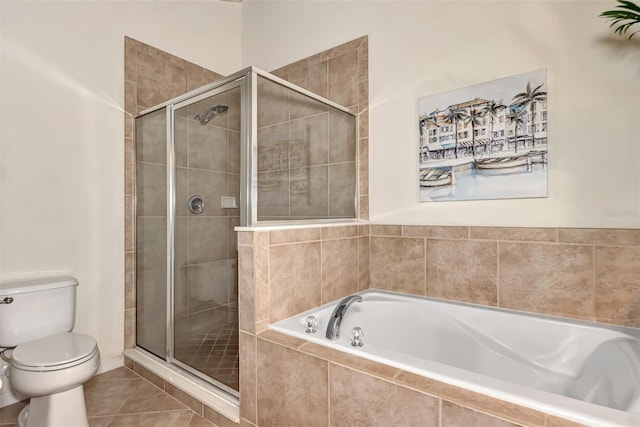 bathroom with toilet, shower with separate bathtub, and tile patterned floors