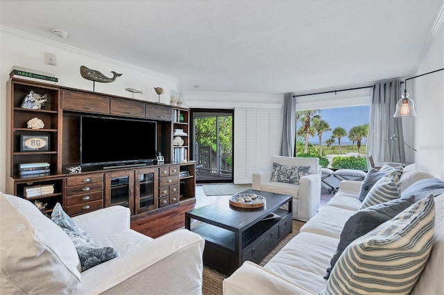 living room featuring ornamental molding, a healthy amount of sunlight, and hardwood / wood-style floors