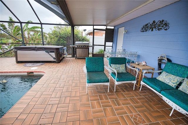 view of patio featuring outdoor lounge area, a pool with hot tub, glass enclosure, and a grill