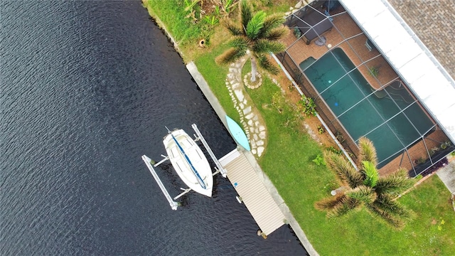 bird's eye view with a water view