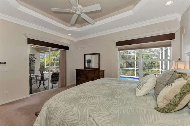 bedroom with ornamental molding, access to outside, multiple windows, and carpet