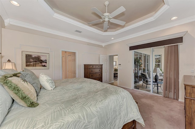 bedroom featuring access to outside, crown molding, ceiling fan, and carpet floors