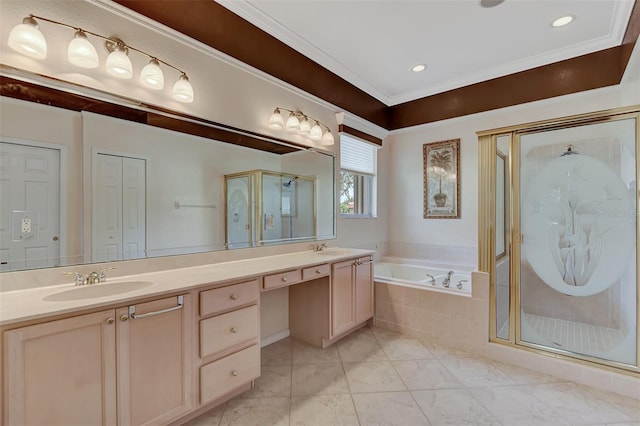 bathroom with vanity, tile patterned floors, crown molding, and separate shower and tub