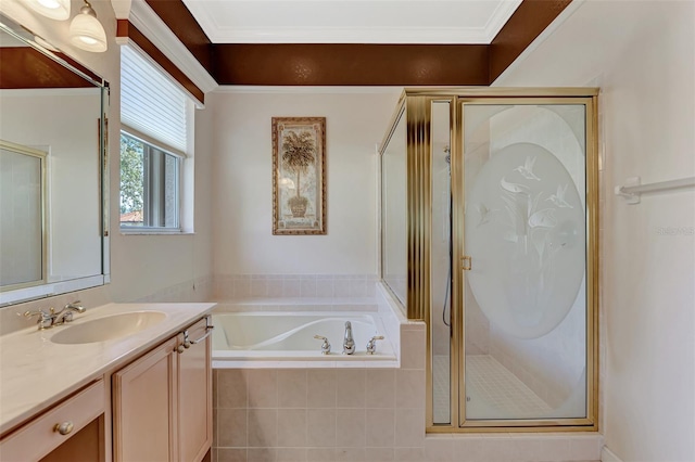 bathroom featuring vanity, crown molding, and plus walk in shower