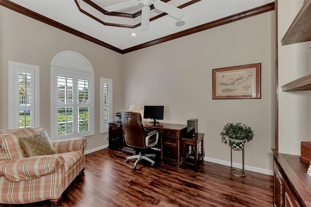 office with dark hardwood / wood-style flooring, ceiling fan, and crown molding