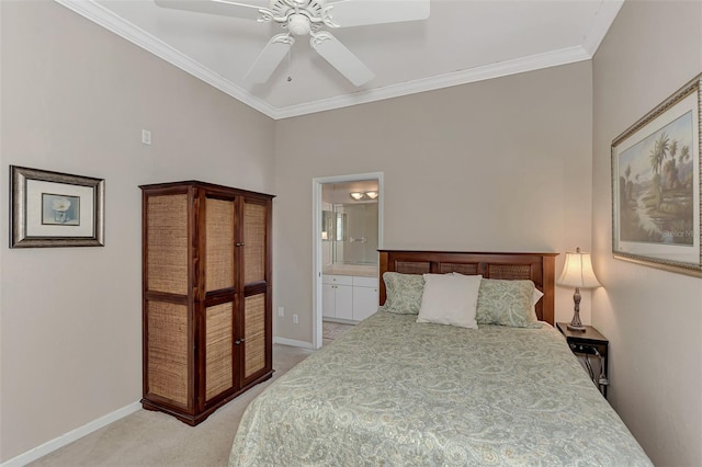 bedroom featuring connected bathroom, ornamental molding, light carpet, and ceiling fan