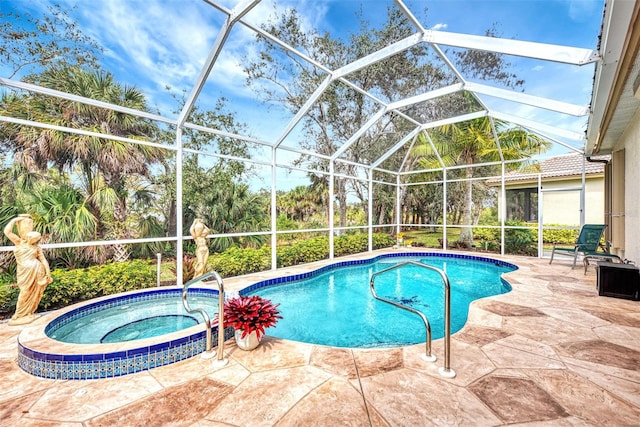 view of pool with glass enclosure, a patio, and an in ground hot tub