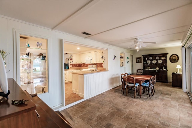 dining room with sink and ceiling fan