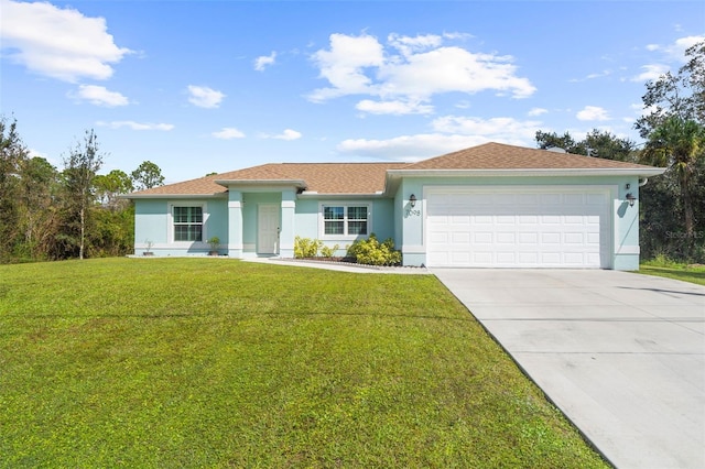 ranch-style home with a garage and a front yard