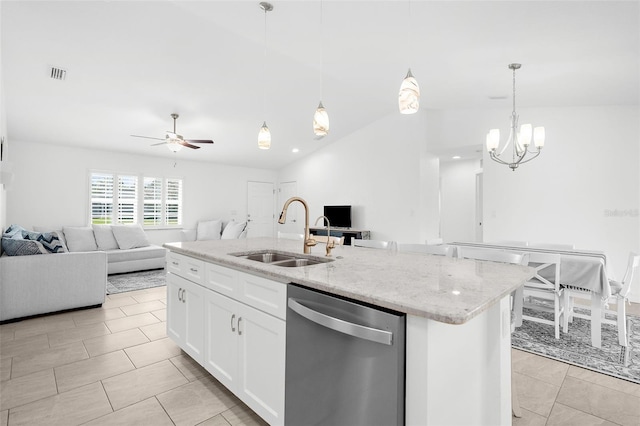 kitchen with a center island with sink, white cabinetry, sink, pendant lighting, and dishwasher