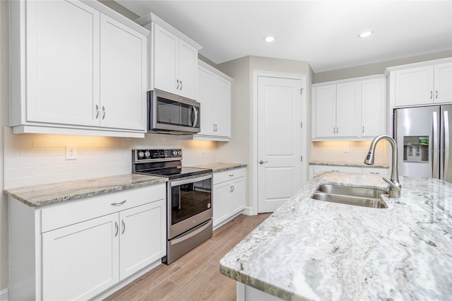 kitchen with white cabinetry, sink, appliances with stainless steel finishes, backsplash, and light hardwood / wood-style flooring