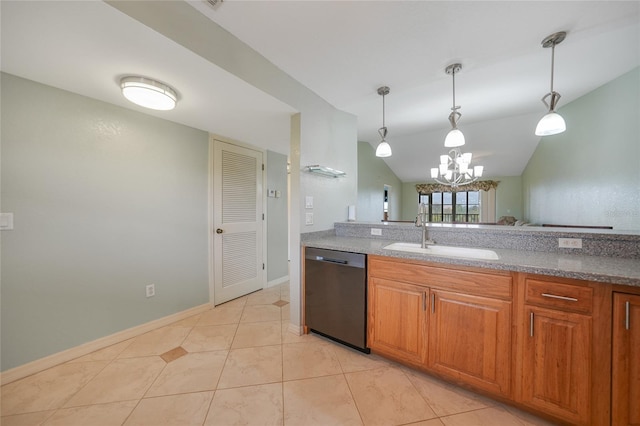 kitchen featuring lofted ceiling, a notable chandelier, sink, stainless steel dishwasher, and pendant lighting