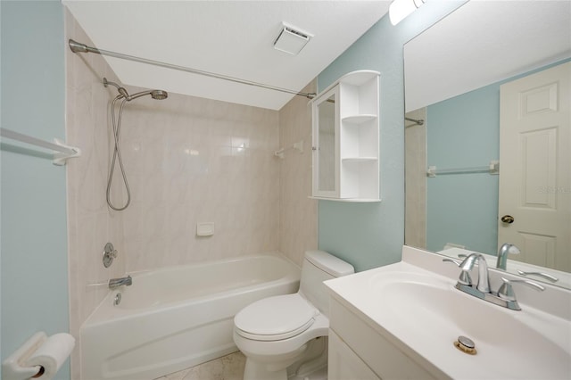 full bathroom with toilet, tiled shower / bath combo, and vanity