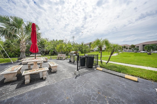 view of patio / terrace with a fire pit