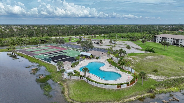 drone / aerial view featuring a water view