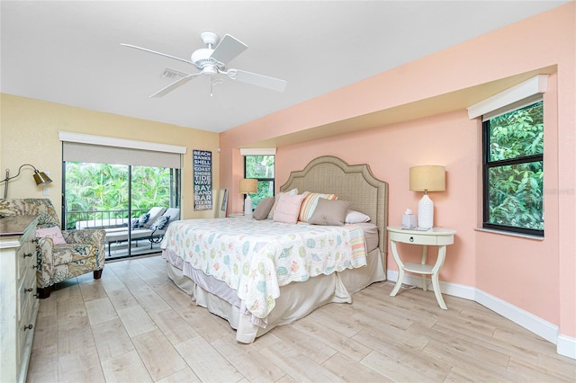 bedroom with light wood-type flooring and ceiling fan