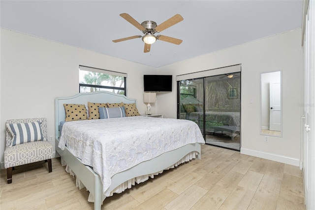 bedroom with ceiling fan, light hardwood / wood-style floors, and access to exterior