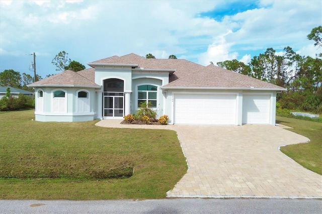 mediterranean / spanish home featuring a front yard and a garage