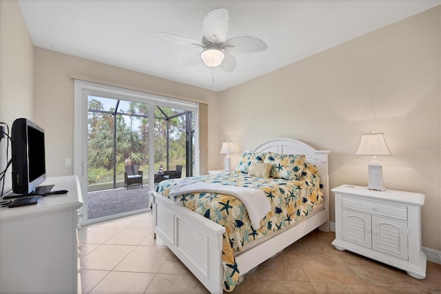 tiled bedroom with access to exterior and ceiling fan