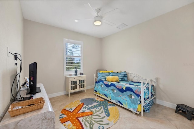 bedroom featuring ceiling fan and tile patterned floors