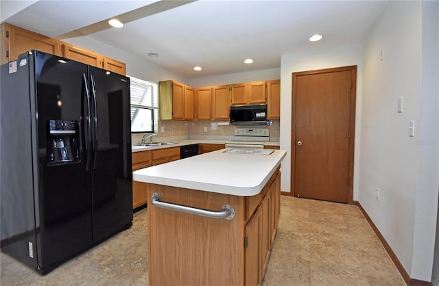 kitchen featuring sink, black appliances, decorative backsplash, and a center island