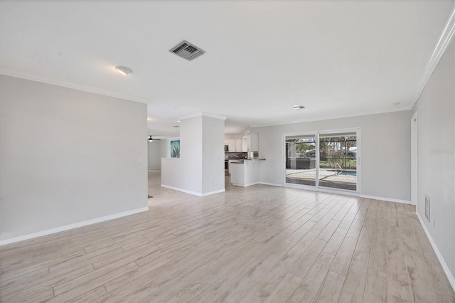 unfurnished living room with crown molding, ceiling fan, and light hardwood / wood-style flooring