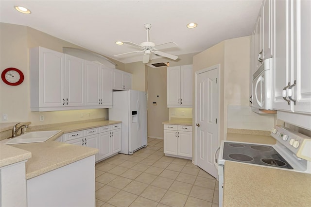 kitchen with white cabinetry, sink, ceiling fan, light tile patterned floors, and white appliances