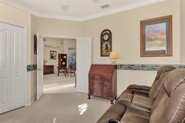 living room with light colored carpet and crown molding