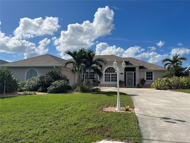 view of front of property with a front yard and a garage