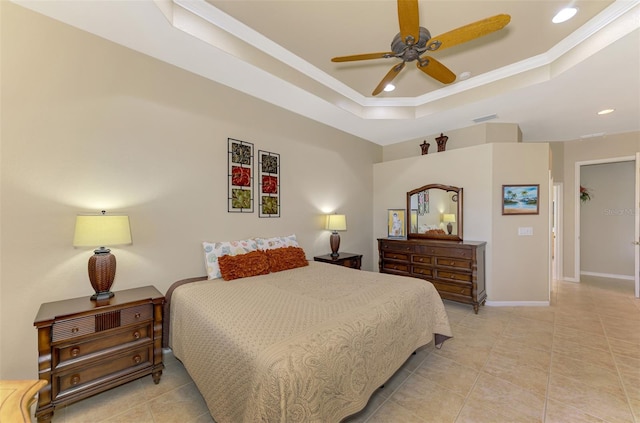 tiled bedroom featuring crown molding, ceiling fan, and a raised ceiling