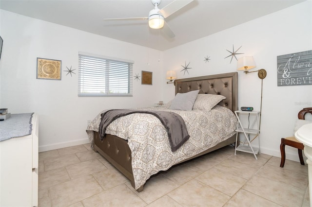 bedroom featuring ceiling fan and light tile patterned flooring