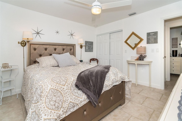 bedroom with ceiling fan and a closet