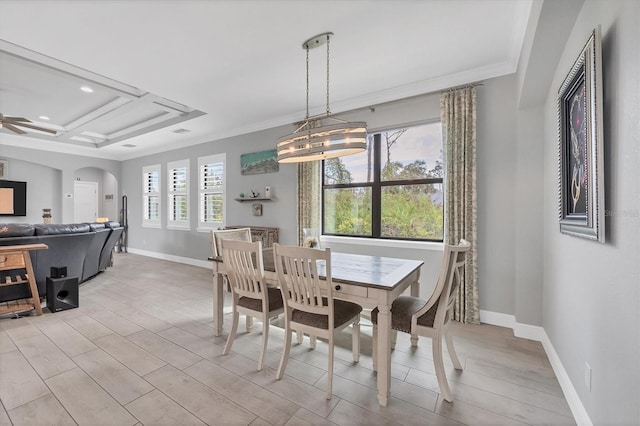 dining room featuring ceiling fan with notable chandelier, light wood-type flooring, crown molding, and coffered ceiling