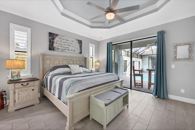 bedroom with light hardwood / wood-style flooring, ornamental molding, ceiling fan, and access to exterior