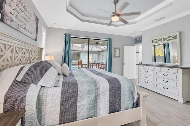 bedroom featuring access to outside, a raised ceiling, ceiling fan, and crown molding