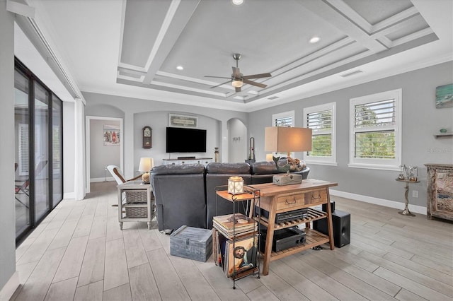 living room featuring beamed ceiling, ceiling fan, light hardwood / wood-style flooring, crown molding, and coffered ceiling