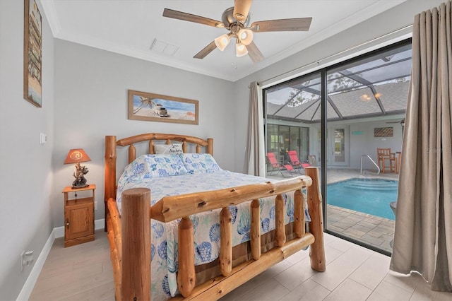 bedroom with light hardwood / wood-style flooring, access to outside, ceiling fan, and crown molding